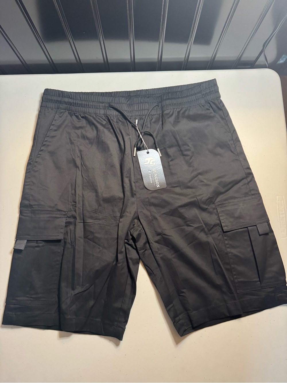 Men's Black Cargo Shorts with Elastic Waistband by HUNGSON